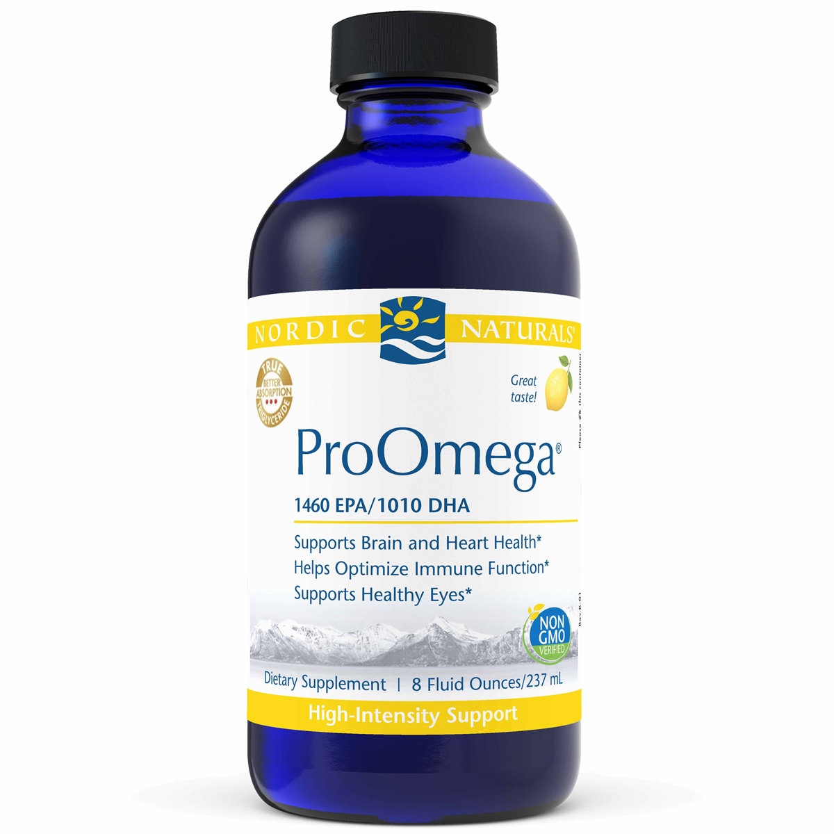 A bottle of Nordic Naturals ProOmega, a dietary supplement with high EPA/DHA for brain, heart, immune, and eye support.
