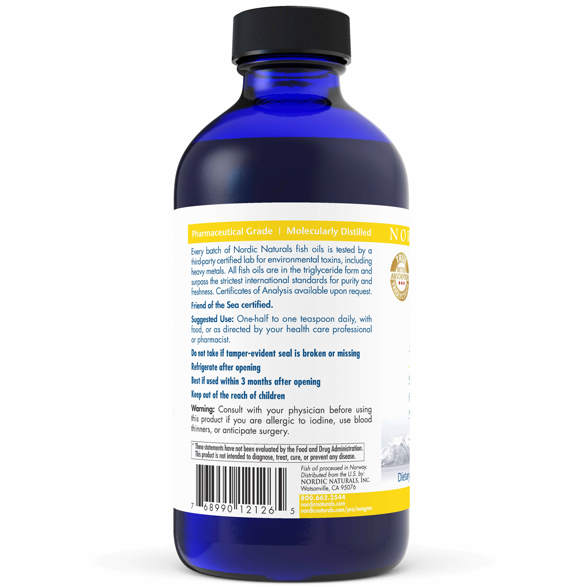 A bottle of Nordic Naturals fish oil with usage instructions and safety information.