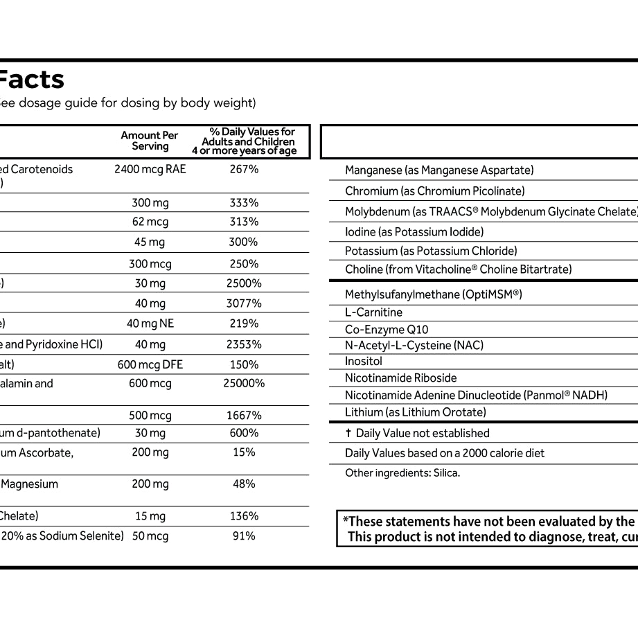 Autism Supplement Powder ingredients and nutrition label for ANRC Essentials Plus Powder, showing detailed vitamin and mineral contents.