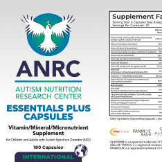 Label for ANRC Essentials Plus capsules, a vitamin/mineral supplement by the Autism Nutrition Research Center.