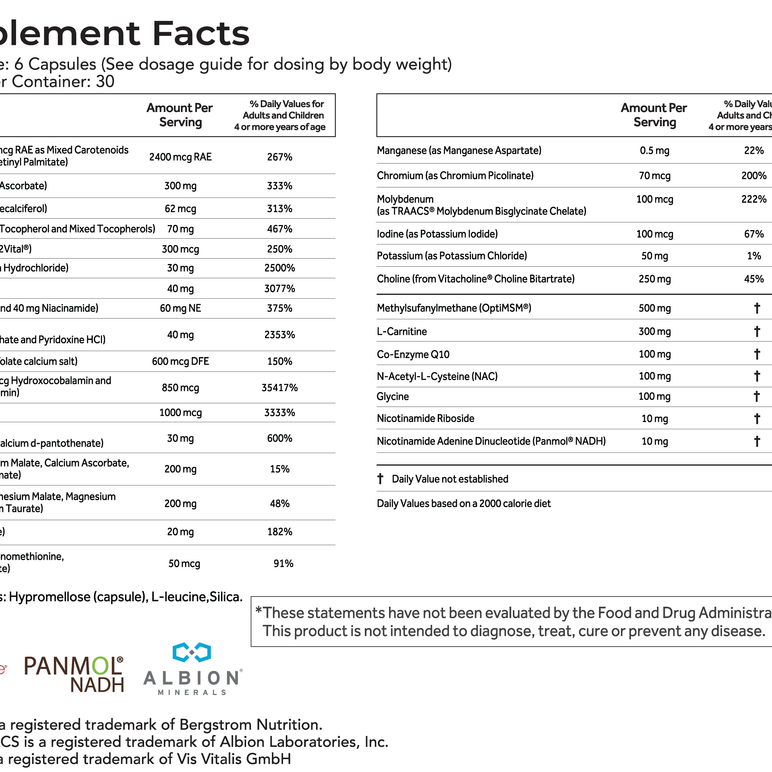 A supplement facts label lists vitamins, minerals, and other ingredients per serving, with daily values indicated.