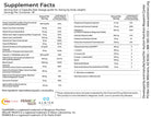 A supplement facts label lists vitamins, minerals, and other ingredients per serving, with daily values indicated.