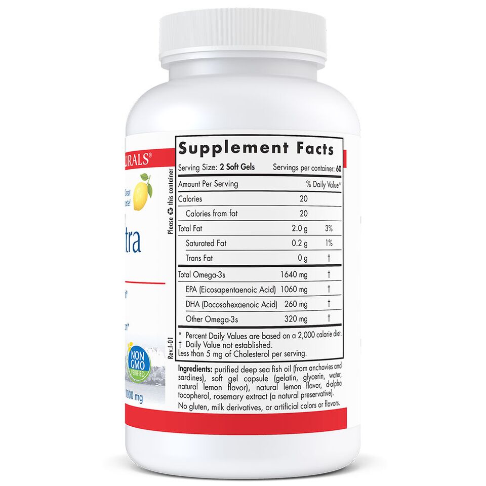 The image shows a bottle of Nordic Naturals ProEPA Xtra, featuring its supplement facts and ingredients.