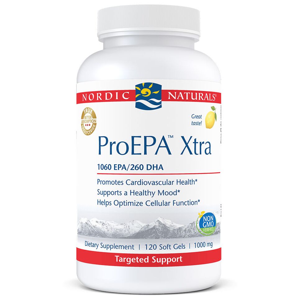 Nordic Naturals ProEPA Xtra supplement bottle, promoting cardiovascular health and mood support, with 120 soft gels.