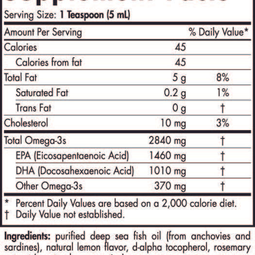 Supplement facts of a fish oil product include omega-3 content: 2840 mg total, with 1460 mg EPA and 1010 mg DHA per serving.