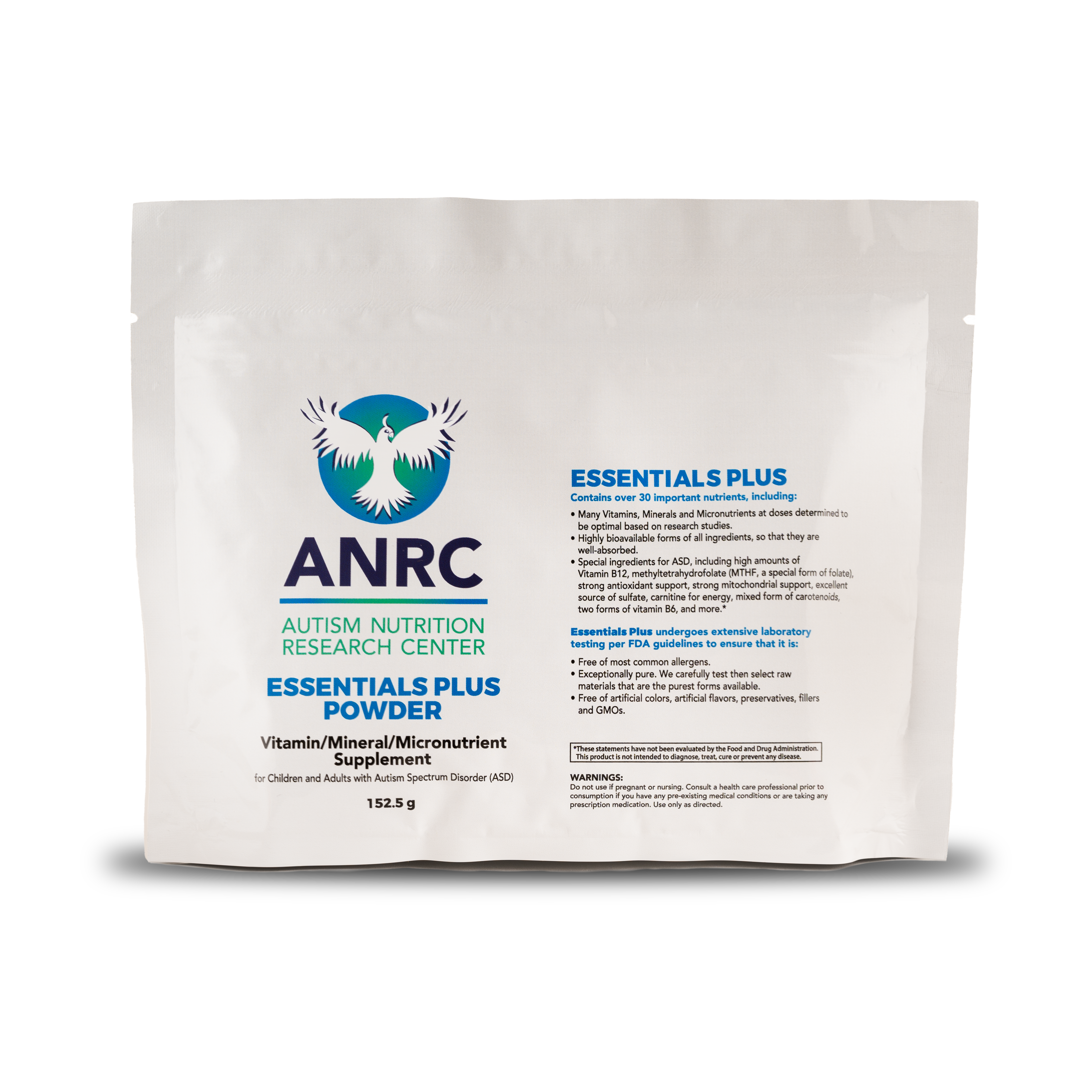 Autism Supplement Powder ANRC Essentials Plus – white resealable pouch with Autism Nutrition Research Center logo and supplement name on front.