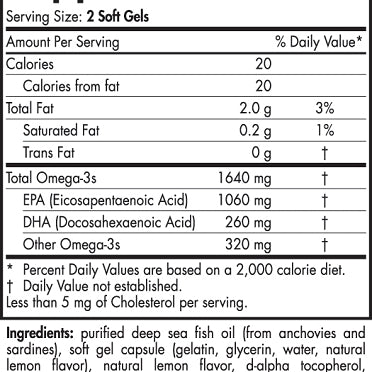 Supplement facts for soft gel capsules with omega-3s, including EPA and DHA. Ingredients include deep sea fish oil, soft gel, and natural flavors.