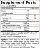 Supplement facts for soft gel capsules with omega-3s, including EPA and DHA. Ingredients include deep sea fish oil, soft gel, and natural flavors.