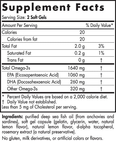 Supplement facts for soft gel capsules with omega-3s, including EPA and DHA. Ingredients include deep sea fish oil, soft gel, and natural flavors.
