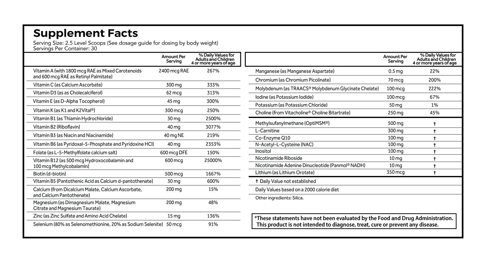 Autism Supplement Powder ingredients and nutrition label for ANRC Essentials Plus Powder, showing detailed vitamin and mineral contents.