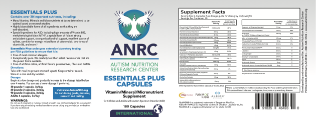 Label for ANRC Essentials Plus capsules, a vitamin/mineral supplement by the Autism Nutrition Research Center.