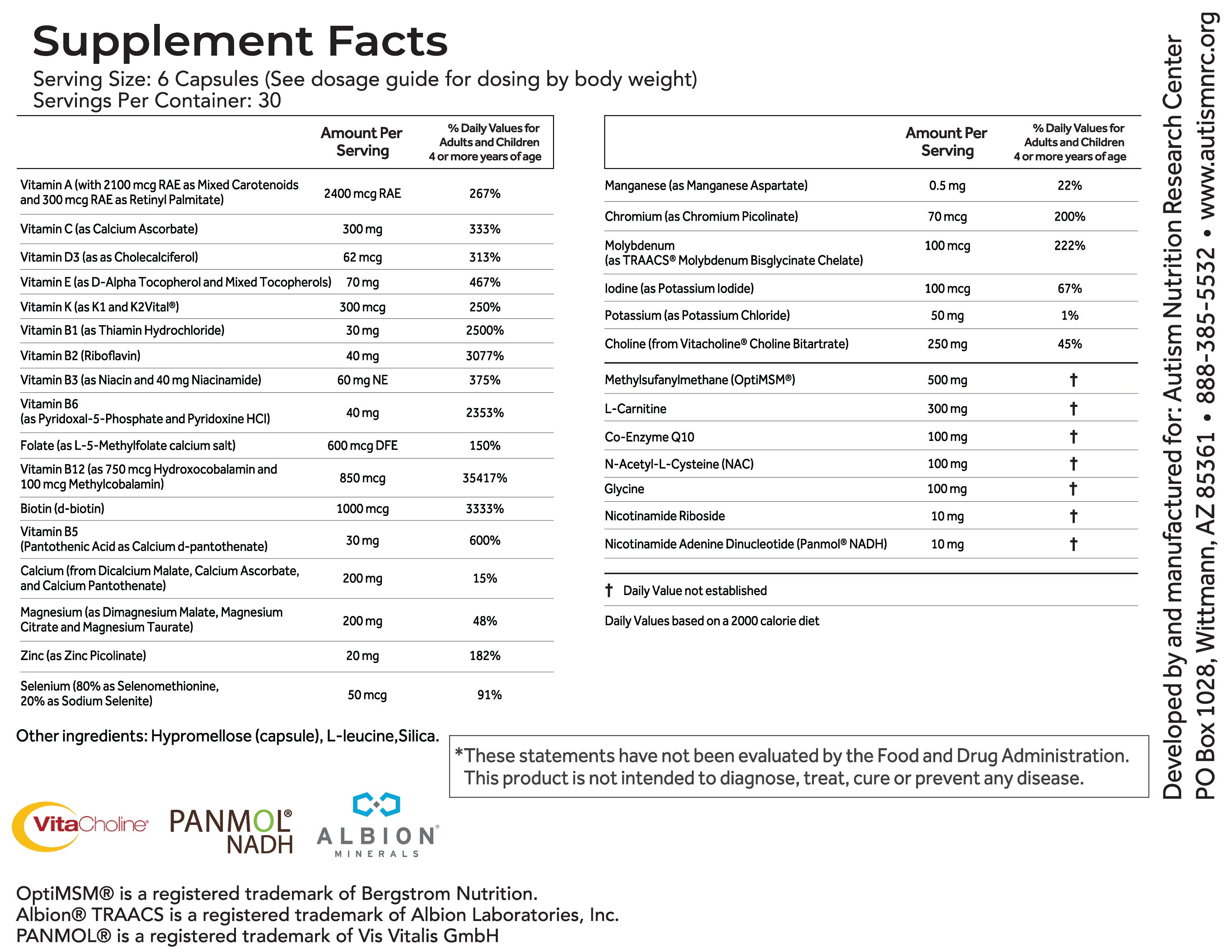 A supplement facts label lists vitamins, minerals, and other ingredients per serving, with daily values indicated.