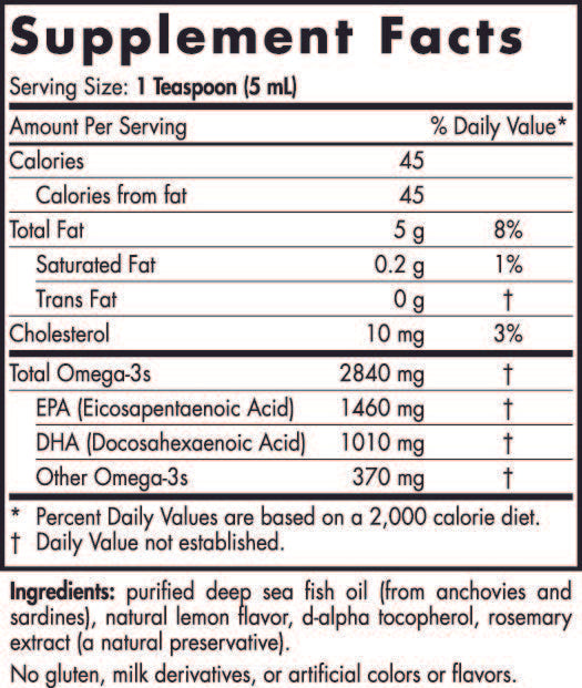 Supplement facts of a fish oil product include omega-3 content: 2840 mg total, with 1460 mg EPA and 1010 mg DHA per serving.